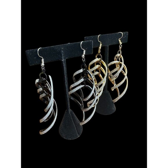 dangle earrings for women 2 pairs black gold tone sparkle 4 inches party - Picture 16 of 16